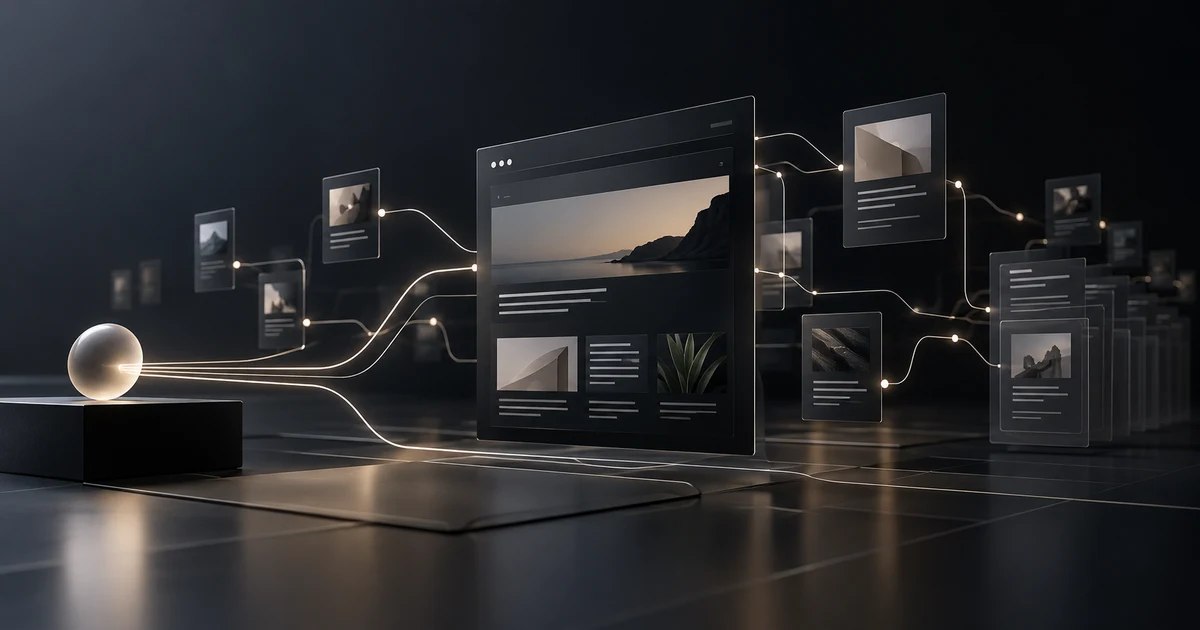 Interfacce web collegate da flussi luminosi che rappresentano un agente AI mentre interpreta e attraversa contenuti digitali.
